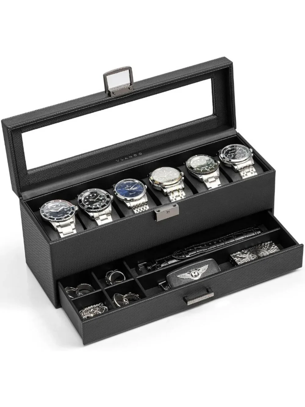 Stylish 6-Slot Watch Box for Men, 2-Layer Organizer with Glass Lid, Black